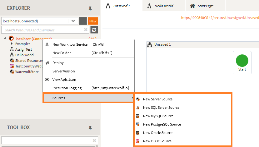 Adding a new database source in Warewolf - Right click on the explorer