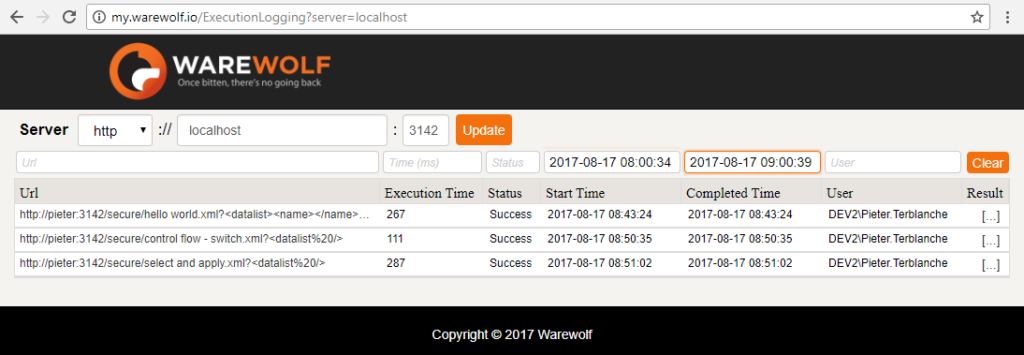 Screenshot of Filter by execution time as seen in the Warewolf Knowledge Base article on Execution Logging